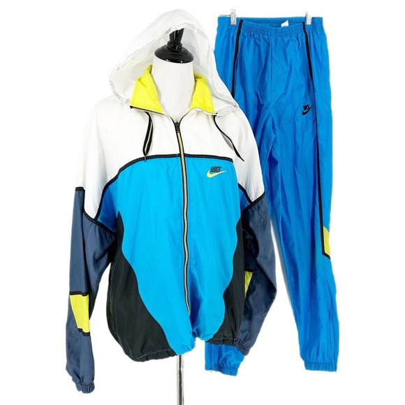 Nike Vtg Vintage 80s 90s Track Suit Set Blue Lime Green Swoosh Hip Hop Swag Med